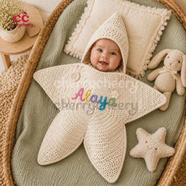 Handmade Crochet Baby Star Suit, Custom Name, Baby Sleeping Bag